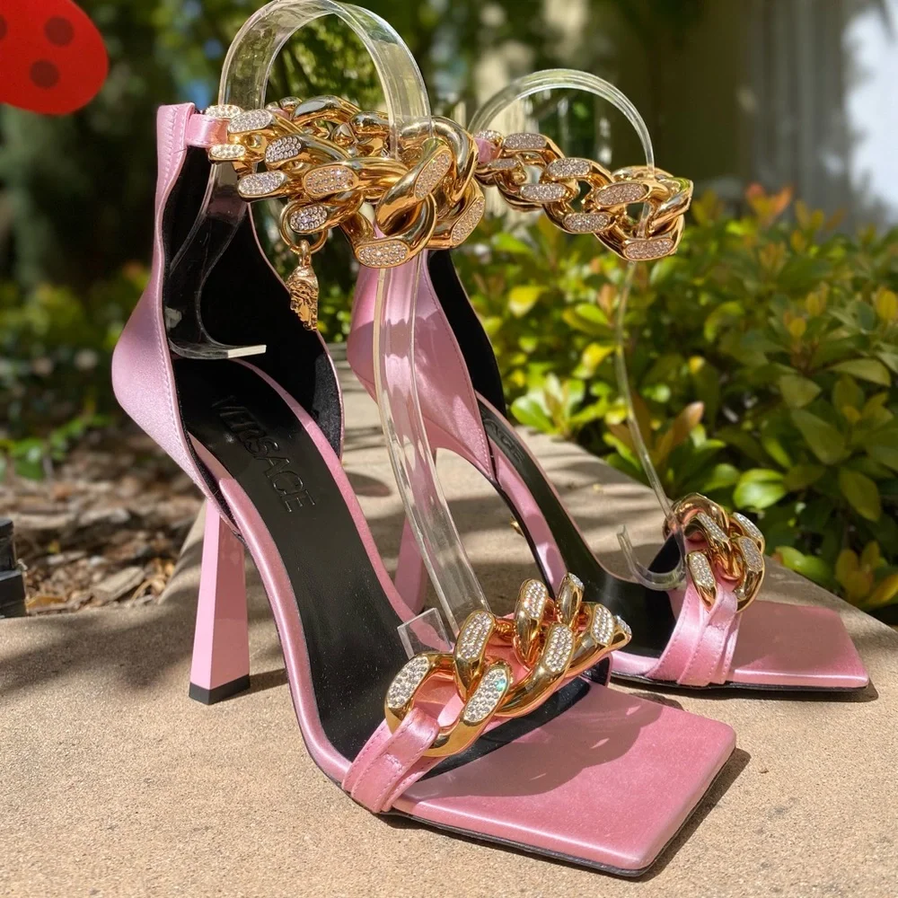 New Versace Crystal Chain High-Heel Sandals Pink 37 $1,725 - Picture 11 of 16